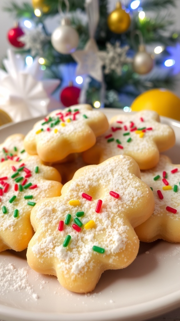 Lemon Zest Christmas Cookies Recipe A festive plate of lemon zest Christmas cookies dusted with powdered sugar and sprinkles.